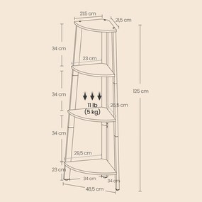 Estante de canto em escada de 4 níveis 33,4 x 33,4 x 125 cm cinza + preto