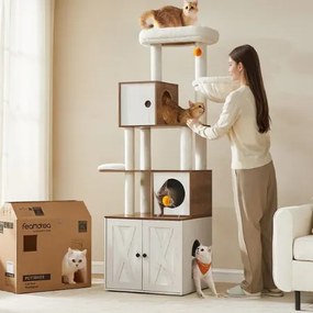Arranhador para gatos 2 em 1 com armário para caixa de areia, 180 cm de altura, castanho mel e branco vintage