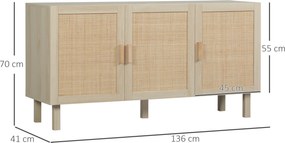 Aparador, armário de arrumação 136 x 41 x 70 cm com 3 portas e prateleira ajustável, efeito vime, estilo boémio cor natural
