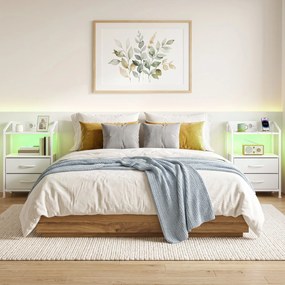 Conjunto de 2 Mesas de Cabeceira com LED RGB e Estação de Carregamento 2 Gavetas em Tecido para Quarto 40x30x60 cm Branco