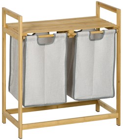 HOMCOM Cesto de Roupa de Bambu Cesto de Roupa Suja com 2 Bolsas Amovíveis e 2 Prateleiras para Casa de Banho 64x33x73 cm Madeira | Aosom Portugal