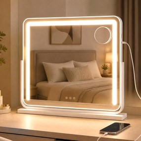 Espelho de Maquilhagem Giratório, 60 x 10 x 52 cm, Iluminação LED Ajustável, Branco