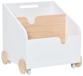 HOMCOM Caixa de Armazenamento de Brinquedos de 2 Seções com Rodas Puxador Carrinho de Madeira Infantil 40x43x43cm Branco e Madeira Natural