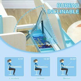 Conjunto de secretária e cadeira para crianças, com altura ajustável e tampo inclinável de 0 a 60°, azul