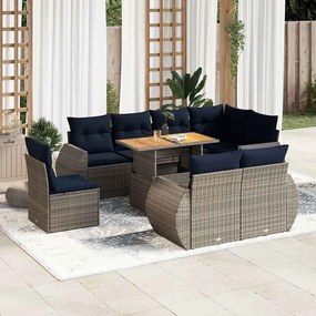 9 pcs conjunto sofás p/ jardim com almofadões vime PE cinzento