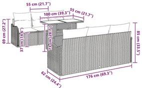 Conjunto de sofá de jardim com 7 peças e almofadas cinzas em polyratta