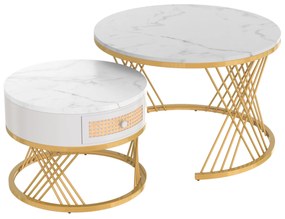 Mesa de Centro Redonda 2 em 1 em MDF, Mesa com Tampo efeito Mármore e Gavetas em Rattan Sintético, Pés em Ferro Dourado,70x70x45,5cm, Branco
