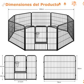 Parque para cães com 8 painéis Altura 80 cm Interior/Exterior Parque de metal resistente para animais de estimação Animais médios Preto