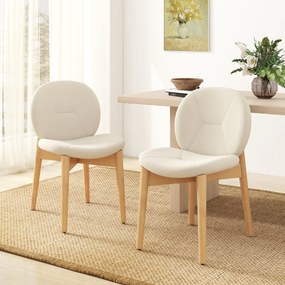 Conjunto de 2 cadeiras de jantar com pernas em madeira, assentos e encostos curvos acolchoados com espuma branca e natural