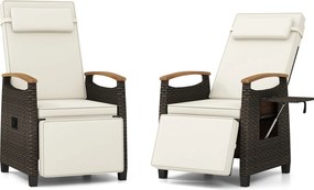 Conjunto de 2 poltronas de rattan com encosto e apoio para os pés ajustáveis, mesa rebatível, apoio para a cabeça removível e braços, para terraço ou