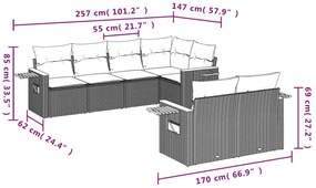 7 pcs conjunto sofás p/ jardim c/ almofadões vime PE cinzento