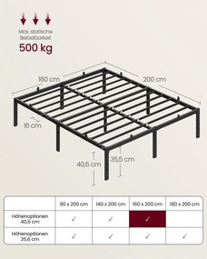 Estrutura de cama em metal 200 x 160 x 40,6 cm (COLCHÃO NÃO INCLUIDO) com espaço de arrumação e design moderno Preta