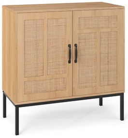 Aparador 80 x 38 x 81 cm com 2 portas em rattan natural, prateleira ajustável em 3 posições, pés metálicos natural