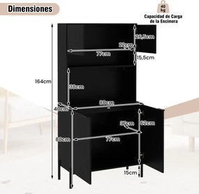 Armário multifuncional para cozinha com estação de carregamento 80 x 40 x 164 cm, garrafeira, portas e prateleira ajustável para sala de jantar e sala