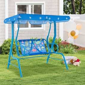 Baloiço infantil Hollywood para 2 crianças com toldo ajustável e estrutura metálica azul