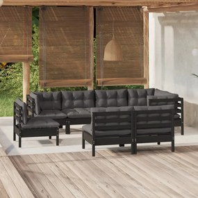 vidaXL 8 pcs conjunto lounge jardim c/ almofadões pinho maciço preto