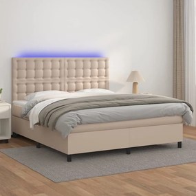 Cama box spring c/colchão/LED 160x200cm couro artif. cappuccino