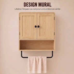 Armário de parede para casa de banho 60 L x 20 P x 60 A cm, móvel suspenso com 2 portas, prateleira aberta, toalheiro, cor carvalho
