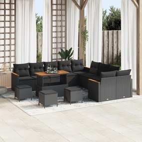 Conjunto de Sofá de Jardim com 14 Peças com Almofadas Preto Rattan Pol