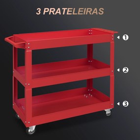 Carrinho de Ferramentas com Rodas 3 Prateleiras de Armazenamento e Alça Lateral 83x35,3x76 cm Vermelho