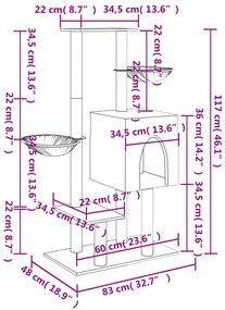 Árvore p/ gatos c/ postes arranhadores sisal 117 cm cinza-claro