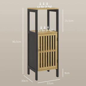 Móvel baixo de casa de banho 32 x 30 x 90,5 cm em bambu com armário de 1 porta e compartimento aberto, preto e cor madeira
