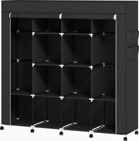 Guarda Roupa de Tecido Portátil com Rodas, 10 Compartimentos, Espaço para Pendurar Roupa e Estrutura em Aço, Preto