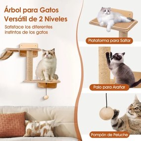 Conjunto de móveis de parede para gatos com 6 peças, rede, ponte em forma de árvore com 2 níveis e postes para arranhar natural
