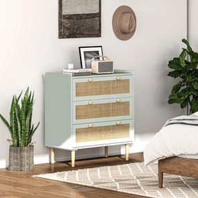 Cómoda de design boémio em vime com 3 gavetas 80C x 40L x 87,5A cm, móvel de arrumação para a sala de estar, o corredor ou a entrada, verde-oliva