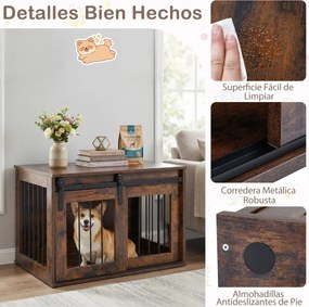 Gaiola para cães com porta de correr 80 x 54 x 57 cm, estilo celeiro, Estrutura metálica com acabamento em madeira, para cães de pequeno e médio porte