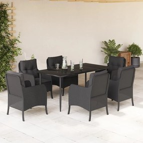 7 pcs conjunto de jantar p/ jardim c/ almofadões vime PE preto