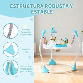 Centro de atividades para bebés com saltador, 6 brinquedos, luzes, música, 3 alturas ajustáveis, mesa giratória 360° para 6+ meses, Azul