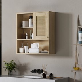 Armário de parede de casa de banho 60L x 19,8l x 65A cm, com porta de correr em rattan e prateleiras abertas, madeira natural
