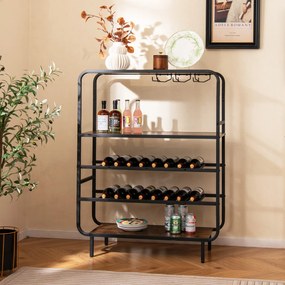 Garrafeira com capacidade para 16 garrafas 90 x 35 x 117 cm, 5 níveis e suportes para copos; Estrutura metálica industrial; prateleira de arrumação em