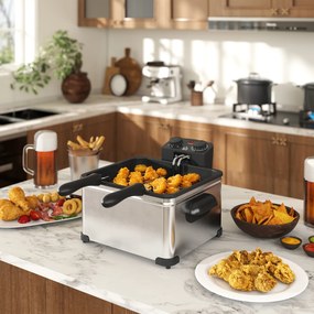 Fritadeira de 5 litros com temperatura e temporizador reguláveis, 2000 W, cesto de óleo amovível e janela de visualização prateado