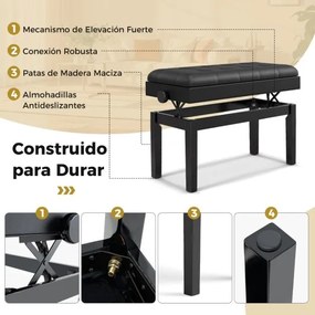 Banco para piano ajustável com arrumação Banco duplo de madeira com almofada para teclado almofadada em PU Preto