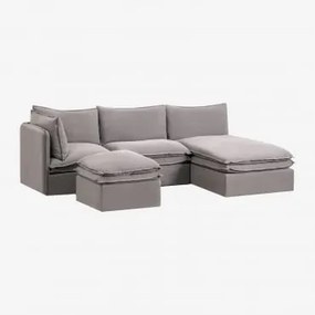 Sofá Modular Chaise Longue De 3 Peças E Puff Em Linho E Algodão Grace Tecido Cinzento Escuro - Sklum