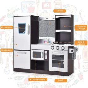 Cozinha de brincar de madeira infantil com brinquedo, geladeira, forno, quadro negro, fogão, torneira e pia, 105 x 31,5 x 95 cm, castanho
