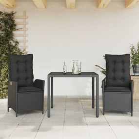vidaXL 3 pcs conjunto de jantar p/ jardim c/ almofadões vime PE preto