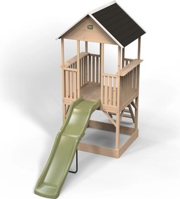 Parque exterior com casa de brincar para crianças Panorama 500 em madeira com escorrega e caixa de areia natural