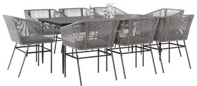 Conjunto jantar jardim 9 peças almofadas vidro vime cinzento PE