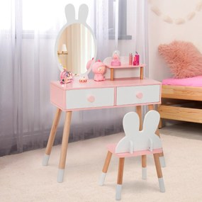 Toucador infantil 2 em 1 e cadeira escrivaninha com espelho de maquiagem 2 gavetas prateleira em madeira maciça com Rosa pernas brancas