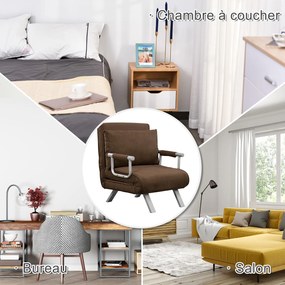 Poltrona-cama convertível de 1 lugar com capa removível, grande conforto, almofada, pés e braços em metal, camurça castanha