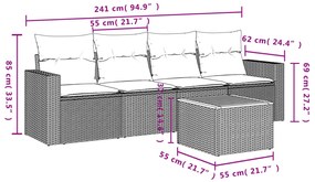 5 pcs conjunto sofás p/ jardim c/ almofadões vime PE cinzento