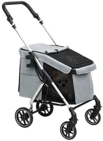 PawHut Carrinho para Cães Dobrável com Correia de Segurança Almofada Lavável e Janelas 80x48,5x106 cm Cinzento Claro