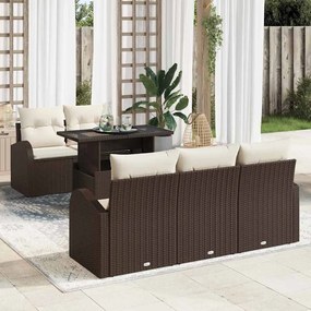 Conjunto de Sofá de Jardim de 6 Peças com Almofadas em Vime Castanho Polirattan