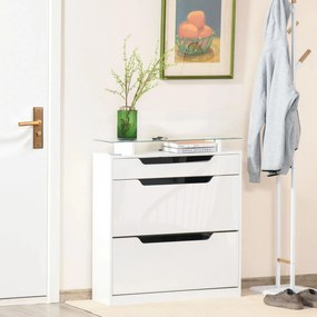 Sapateira Entrada Estreito Móvel para 16 pares de Sapatos com 2 Portas Gaveta Prateleira Aberta e Bancada de Vidro 89x23x96cm Branco