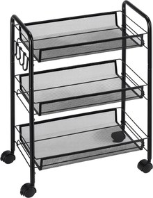 Carrinho cozinha de 3 níveis de arrumação com cestos de serviço com rodas, 45 x 26,5 x 63 cm, preto