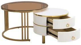 Mesa de Café Redonda 2-em-1 em MDF com 1 Tampo Branco e 1 Tampo Marrom em Vidro Temperado, Mesas com 2 Gavetas para Sala de Estar, Branco