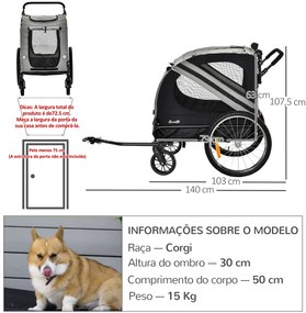 Reboque Bicicleta Cães 2 em 1 Transporte Animais Estimação Porta Enrolável Janelas 140x72,5x107,5cm Cinza